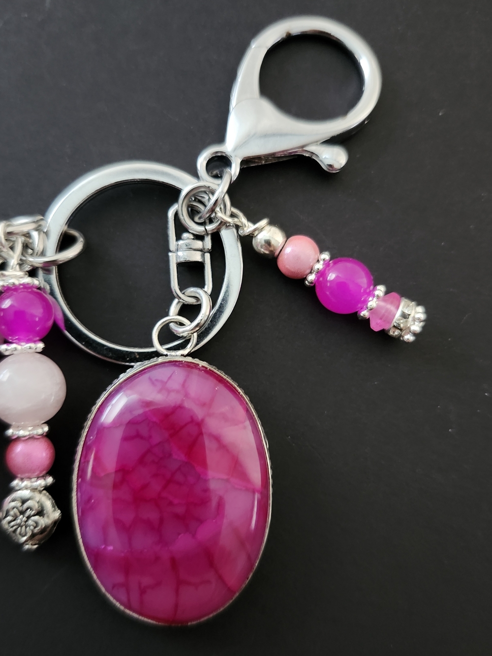 Pink Crackle Agate Purse Charm or Keychain Quartz Dolomite Handcrafted - Picture 3 of 5